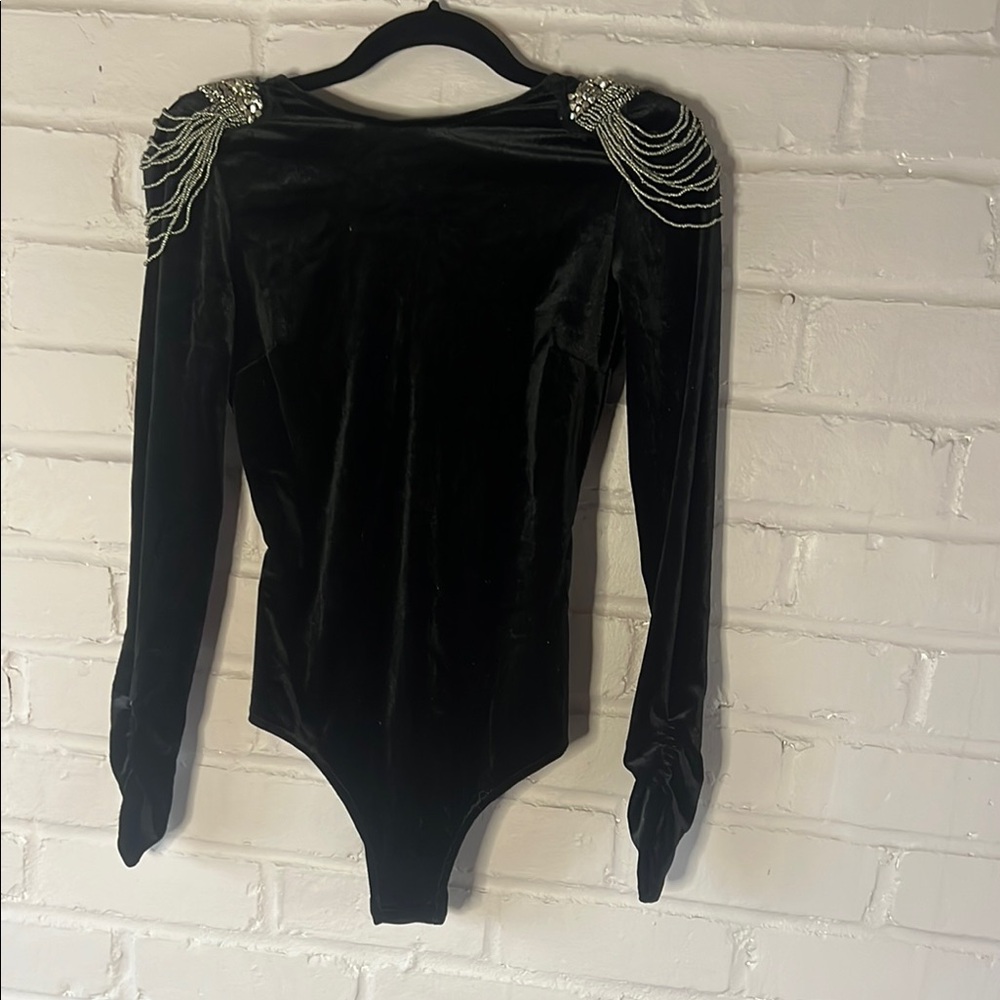 Elegant Black Velvet Bodysuit with Embellished Shoulders